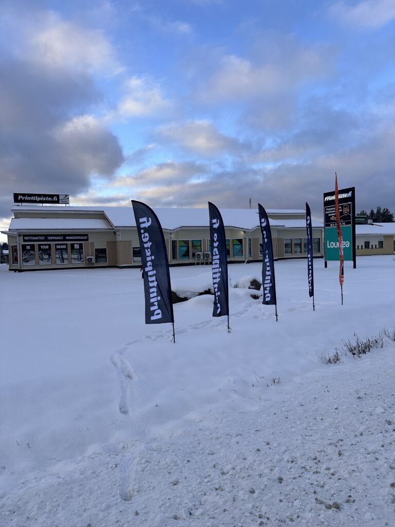 Printtipiste beachflagit talvella