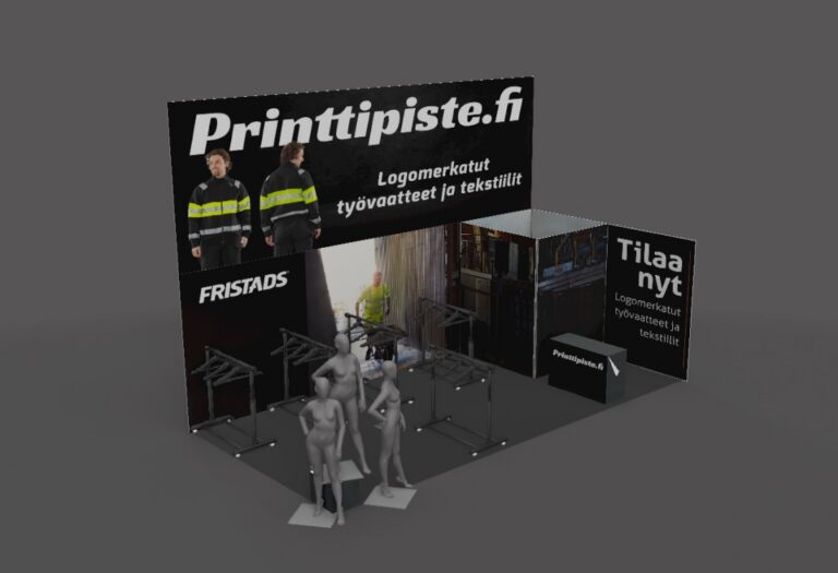 Printtipiste.fi-messuosaston 3D-visualisointi Fristads-teemalla